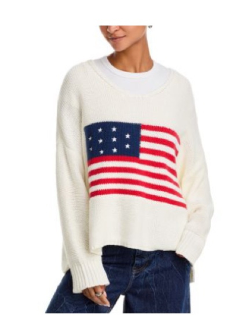 Vintage Havana White Crewneck Graphic Sweater with Americana Flag